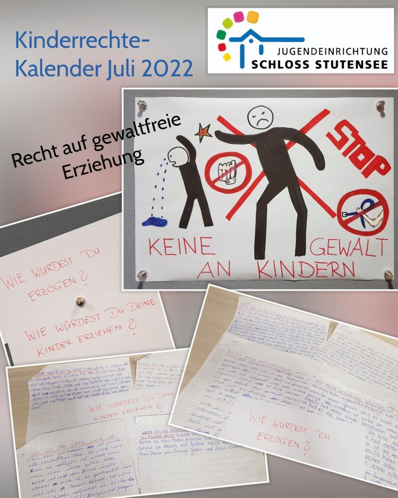 Kinderrechtekalender Jugendeinrichtung Schloss Stutensee, Juli, gewaltfreie Erziehung